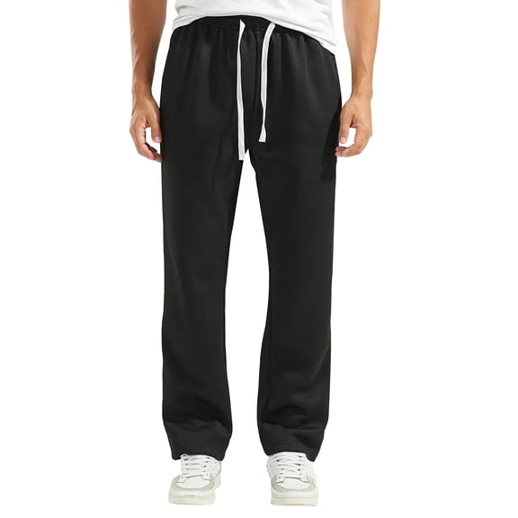 Havenx Sweatpants for Men Straight Wide Leg Fleece Pant Drawstring Open Bottom Slacks Pockets Elastic Waist Y2k Casual Fall Winter Warm Jogging Clothes,Black L