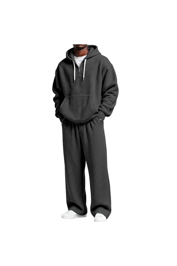 Sweatsuits for Men Waffle Knited 1/4 Zip Sweatsuits Long Sleeve Drawstring Waist Sweatshirts and Pants Straight Winter Jogging Soft Breathable 2025 Fall Sets Outfit,Black L