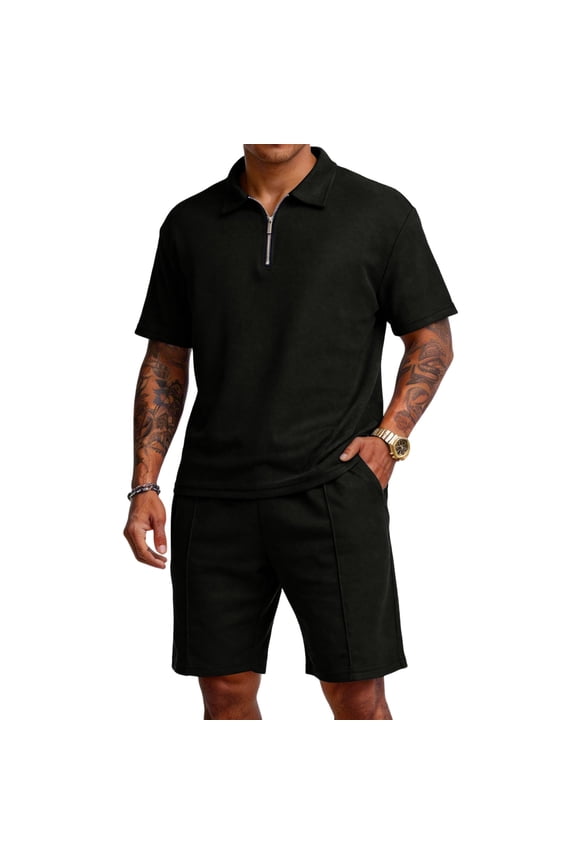 Track Suits 2 Piece Set for Men Waffle Knit Quarter Zipper Polo Shirts and Shorts Short Sleeves Drawstring Sweatsuit Outfits with Pockets Athletic Jogging Sports Summer Loungewear,Black 2XL