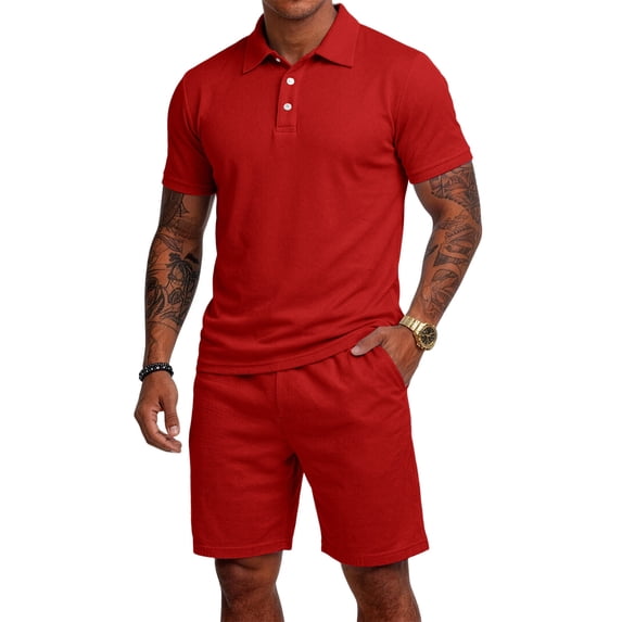Havenx Tracksuit 2 Piece for Men Button Down Short Sleeves Drawstring Polo Shorts Sets with Pockets Elastic Waist Sweatsuit Outfits Athletic Jogging Sports Summer Outfits,Red S