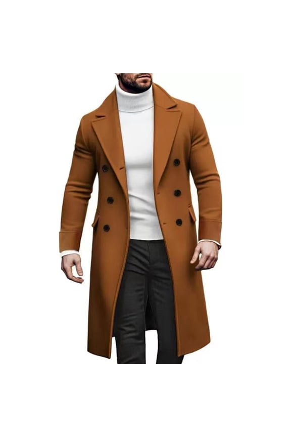 Trench Coat for Men Single Brested Long Coats Notched Lapel Wool Blend Pea Coat with Pockets Classic Winter Slim Fit Heavyweight Jacket,Ginger L