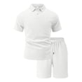 thumbnail image 1 of Havenx Two Piece Outfit for Men Short Sleeve Button Down Shirt and Shorts Set Lapel Collar Drawstring Textured Set Summer Vacation Comfortable Athletic Loose Wear,White L, 1 of 6