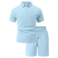 thumbnail image 1 of Havenx Two Piece Outfit for Men Short Sleeve Button Down Shirts and Shorts Lapel Collar Drawstring Textured Outfit Loose Summer Beach Vacation Walking Athletic Outfits Tracksuit,Light Blue M, 1 of 6