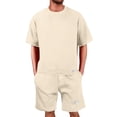 thumbnail image 1 of Havenx Two Piece Outfits Sets for Men Oversized Waffle Knit Short Sleeve Crewneck Shirt and Drawstring Short Sets with Pockets Set Tracksuit Lightweight Casual Comfy Athletic Sweatsuit,Khaki M, 1 of 4