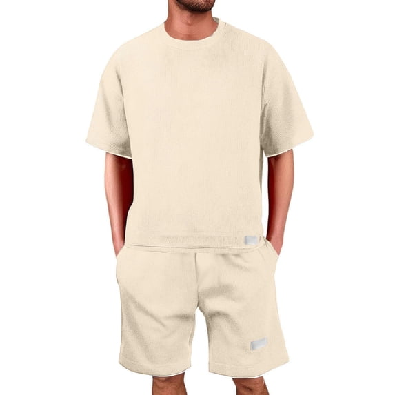 Havenx Two Piece Outfits Sets for Men Oversized Waffle Knit Short Sleeve Crewneck Shirt and Drawstring Short Sets with Pockets Set Tracksuit Lightweight Casual Comfy Athletic Sweatsuit,Khaki M