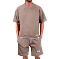 thumbnail image 1 of Havenx Two Piece Outfits Sets for Men Oversized Waffle Knit Short Sleeve Crewneck Shirt and Drawstring Short Sets with Pockets Sets Comfy Athletic Casual Summer Beach Vacation Sweatsuit,Coffee XL, 1 of 4