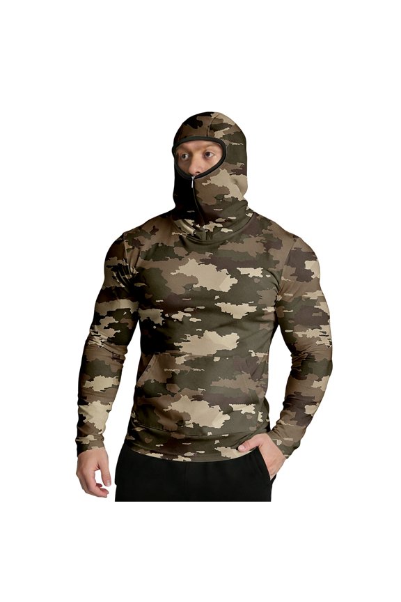 Upf 50+ Camo Hoodie Shirt for Men Camo Long Sleeve Shirts with Mask Hooded Uv Upf 50+ Hoodie Shirt Uv Protection Hiking Running Swim Athletic Workout Shirt Rash Guard,Brown XL