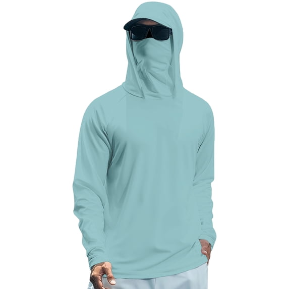 Havenx Upf 50+ Sun Protection Shirt for Men Long Sleeve Upf 50+ Hoodies with Mask Hooded Uv Protection Rash Guard Solid Color Fishing Casual Summer Lightweight Hiking Blouses,Light Blue S