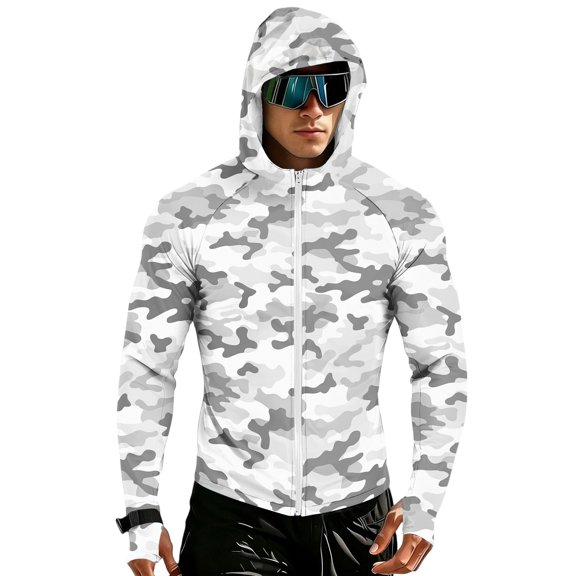 Havenx Uv Protection Fishing Jackets for Men Camo Long Sleeve Full Zip Coat Thumbhole Hooded Rash Guard Outdoor Fishing Lightweight Casual Summer Clothing,Dark Gray XL
