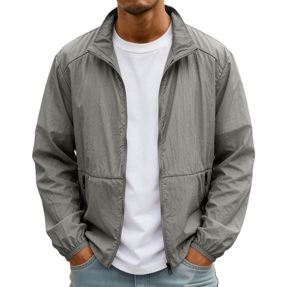 Havenx Uv Protection Jackets for Men Zip Up Long Sleeve Jacket with Zipper Pockets Quick-Dry Stand Collar Rash Guard Jackets Lightweight Summer Outdoor Workout Blouse,Light Gray S