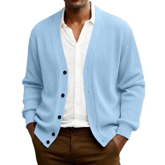Havenx V Neck Sweater for Men with Buttons Long Sleeve Cardigan Ribbed Knit Shawl Collar Outerwear Solid Color Lightweight Casual Regular Fit Tops,Light Blue 3XL