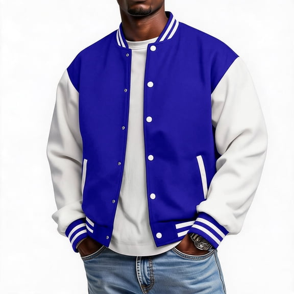 Havenx Varsity Baseball Bomber Jackets for Men Long Sleeve Button Down Bomber Coat with Pockets Stand Collar Coats Casual Stylish Fall Winter Lightweight Clothes