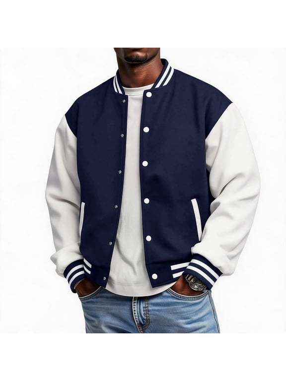 Varsity Baseball Bomber Jackets for Men Long Sleeve Button Down Bomber Coat with Pockets Stand Collar Coats Casual Stylish Fall Winter Lightweight Outerwear