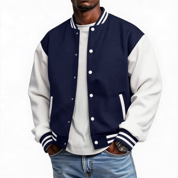Havenx Varsity Baseball Bomber Jackets for Men Long Sleeve Button Down Bomber Jackets with Pockets Stand Collar Coats Fall Winter Lightweight Loose Fit Casual Outerwear