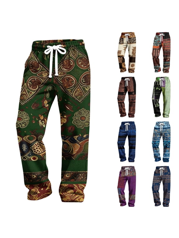 Vintage Plaid Boho Patchwork Printed Pants for Men Waffle Knit Elastic Waist Trousers with Pockets Drawstring Straight Leg Pants Fall Winter Breathable Lightweight Travel Slacks,Green 3XL