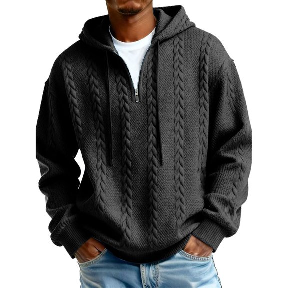 Havenx Waffle Knit Hoodies for Men Long Sleeve 1/4 Zip Mens Shirts Textured Solid Color Hoodie with Pockets Loose Warm Casaul Outdoor Travel Fall Winter Shirts,Black XL