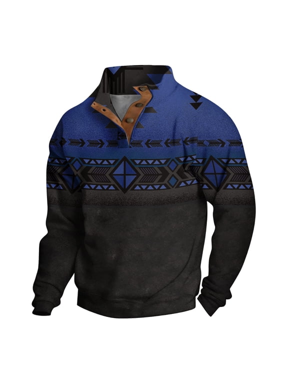 Western Aztec Sweatshirts for Men Long Sleeve 1/4 Button Up Sweatshirt Stand Collar Shirts Casual Vintage Ethnic Western Aztec Fall Tops