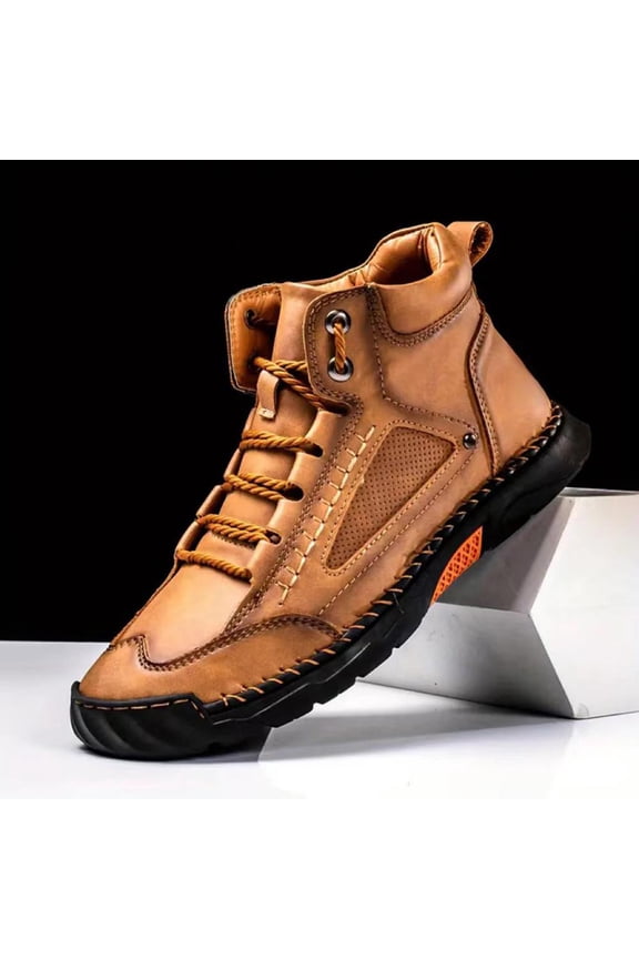 Wide Leather Boots for Men Comfort Slip on Orthopedic Boots Waterproof Lightweight Breathable Outdoor Walking Shoes for Hiking Working Arch Support Non-Slip,Brown 45(US-10)
