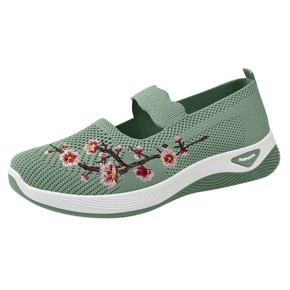 Havenx Women's Embroidered Flower Mesh Shoeses Breathable Elastic Platform Non Slip Memory Foam Mom Walking Shoes Casual Lightweight Walking Foam Arch Support Sneakers,Green 41