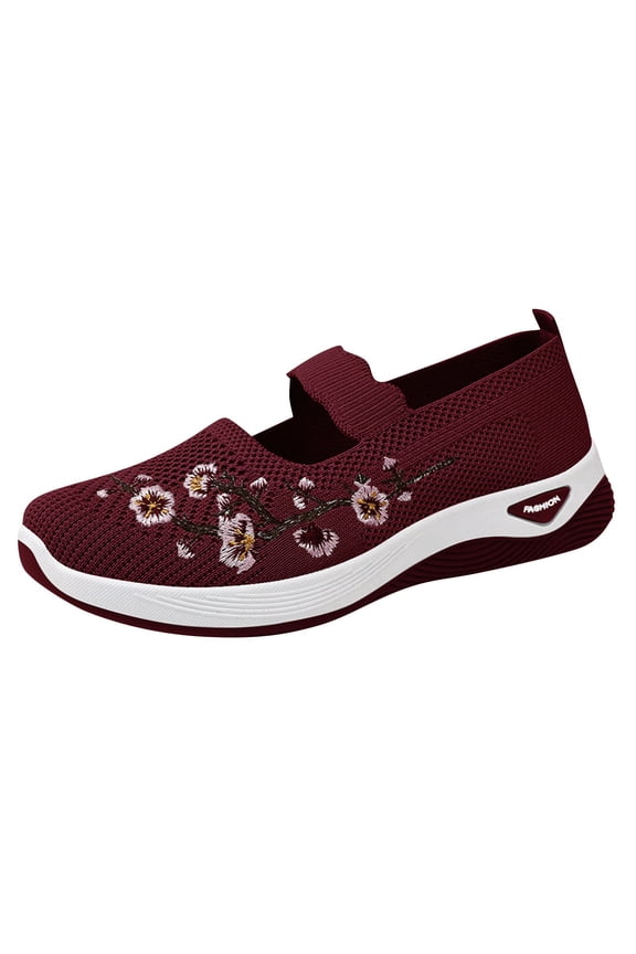 Women's Fashionable Floral Embroidery Mesh Sneakers Comfortable Breathable Soft Sole Slip on Tennis Shoes Flats Lightweight Casual Walking Shoes Play Sneakers,Red 43