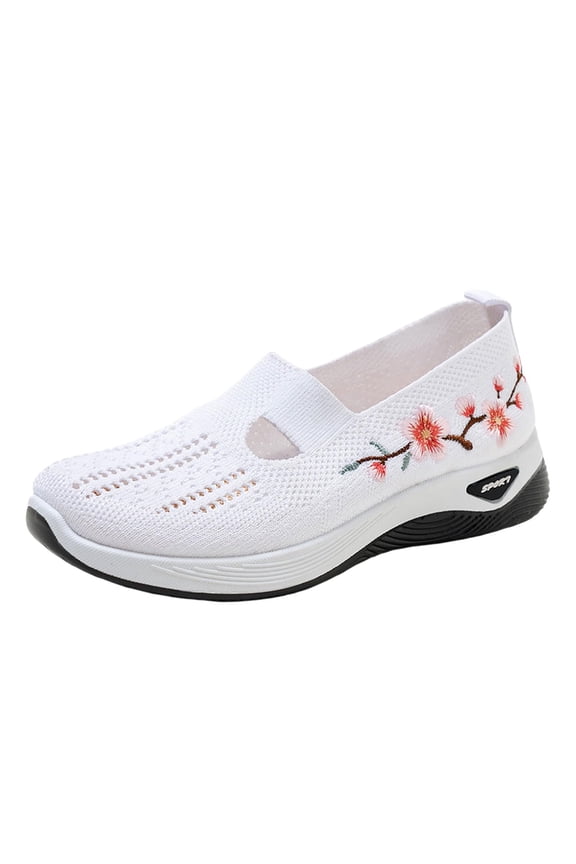 Women's Fashionable Floral Embroidery Mesh Sneakers Non Slip Breathable Comfortable Slip on Orthopedic Tennis Shoes Lightweight Comfy Platform Walking Sneakers,White 43