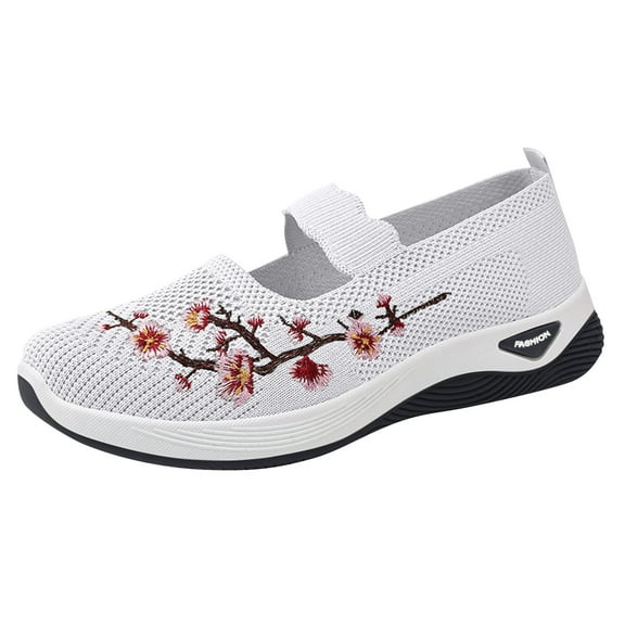 Havenx Women's Mesh Embroidered Walking Shoes Orthopedic Comfortable Breathable Slip on Soft Shoes National Style Soft Bottom Walking Shoe,White 38