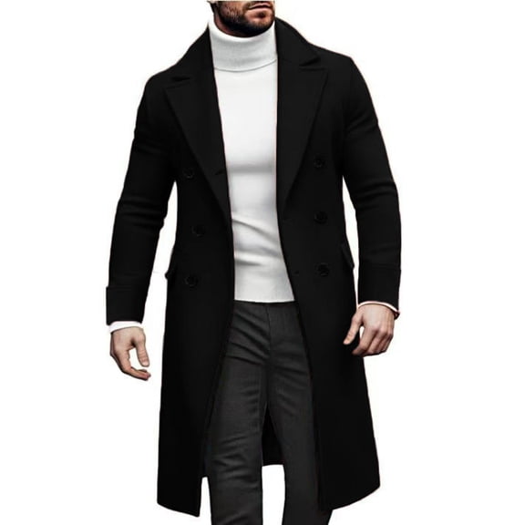 Havenx Wool Blend Coat for Men Single Brested Lapel Collar Overcoat Wool Blend Long Jacket Peacoat with Pockets British Style Fall Winter Windbreaker Jacket,Black 3XL