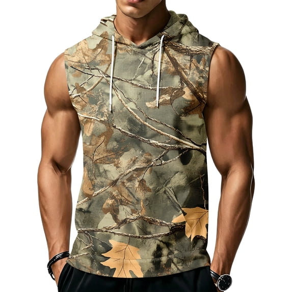 Havenx Workout Hooded Tank Tops for Men Sleeveless Drawstring Hoodies with Pockets Camouflage Print Shirts Bodybuilding Athletic Muscle Sports Training Streetwear,Yellow XL