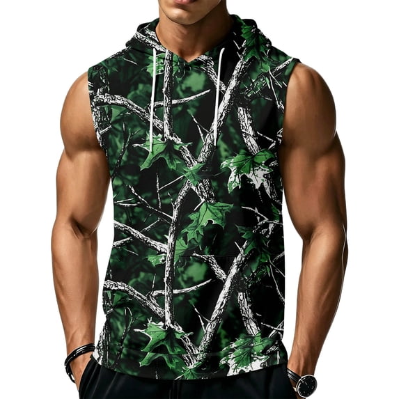 Havenx Workout Hooded Tank Tops for Men Sleeveless Drawstring Hoodies with Pockets Camouflage Print Shirts Gym Sports Training Workout Bodybuilding Athletic Streetwear,Green M