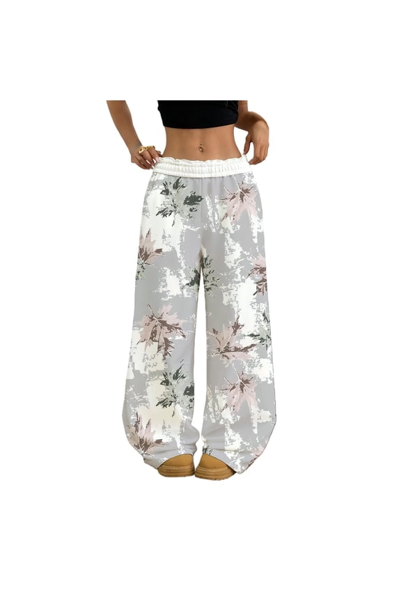 Y2k Wide Leg Sweatpants for Womens Camo Maple Leaf Print Pants Drawstring Elastic High Waisted Joggers Y2k Trendy Loose Workout Baggy Bottoms,Multicolor S