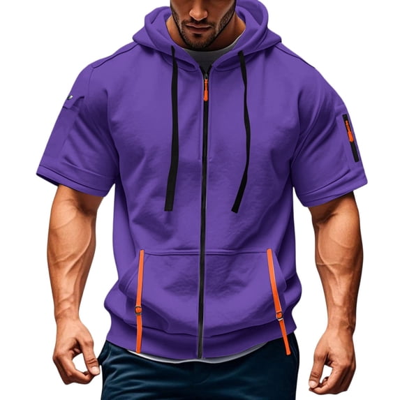 Havenx Zip Up Hoodie for Men Short Sleeve Hooded Sweatshirts with Pockets Drawstring Pullover Jacket Athletic Lightweight Summer Workout Gym Outfits,Purple XL