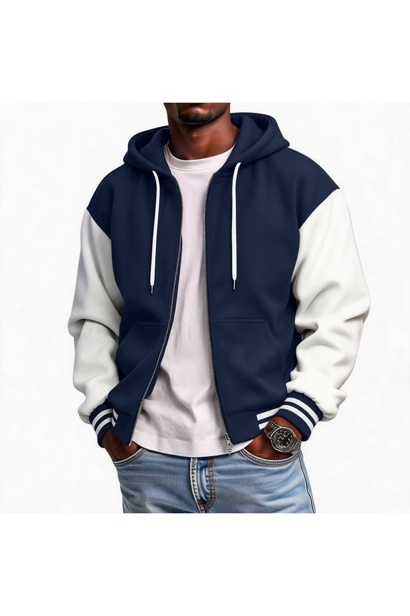 Zip-Up Baseball Hoodie for Men Long Sleeve Drawstring Jackets with Pockets Color Block Hooded Sweatshirts Casual Lightweight Athletic Fall Winter Pullover