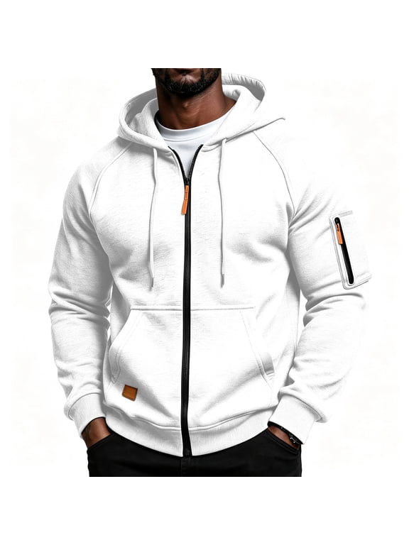 Zip Up Hoodies for Men Long Sleeve Drawstring Jacket with Pockets Hooded Sweatshirts Gym Hiking Outdoor Fall Winter Athletic Pullover