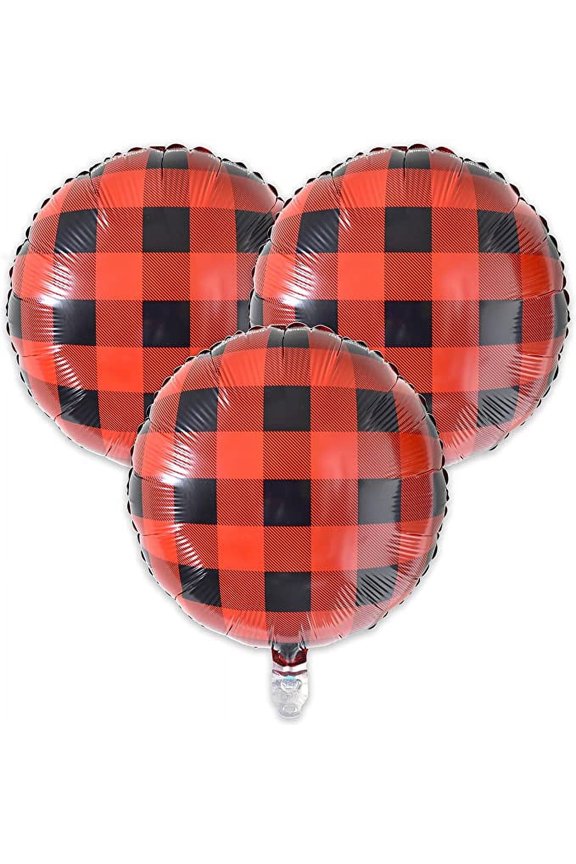 Buffalo Plaid or Lumberjack Party Balloons, 3-Pack, 18 inch Diameter, Mylar Balloons