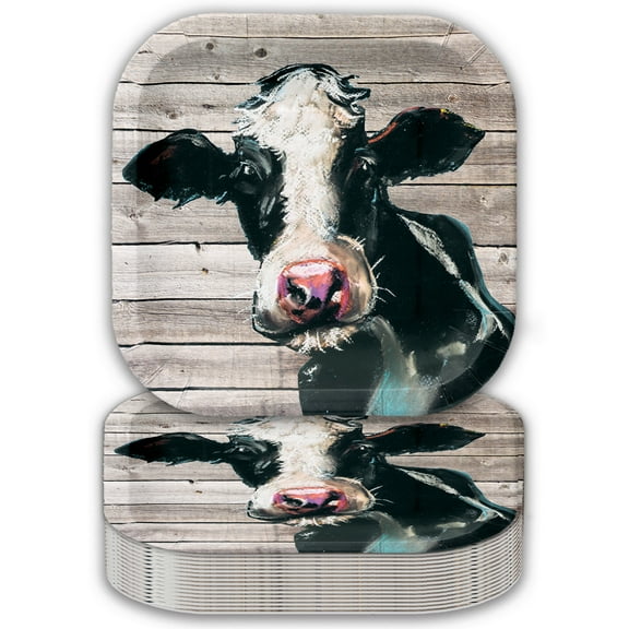 Havercamp Cow 9 Plates on Barnwood (24 pcs.)! Authentic and Iconic Cow on a Rustic Barnwood Background. 24 Lg. 9 in. Square Dinner Plates.  Pair with the Farm Table Collection!