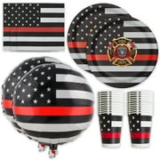 Havercamp Firefighter-Thin Red Line Party for 16 guests; includes 16 ea. Lg. 9” Plates, Napkins and Cups and 2 - 18” Mylar Balloons in the Beautiful Thin Red Line Flag Pattern.