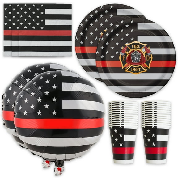 Havercamp Firefighter-Thin Red Line Party for 16 guests; includes 16 ea. Lg. 9” Plates, Napkins and Cups and 2 - 18” Mylar Balloons in the Beautiful Thin Red Line Flag Pattern.
