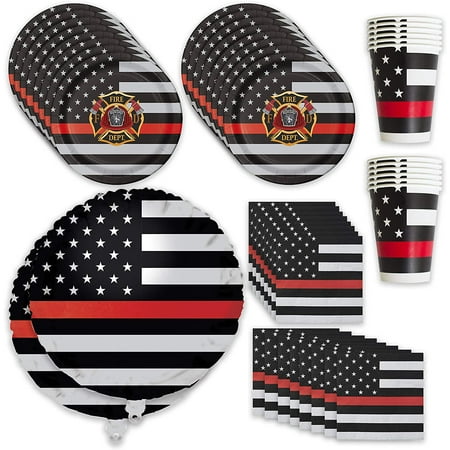 Havercamp Firefighter-Thin Red Line Party for 16 guests! includes 16 ea. Large 9 Dinner Plates, Napkins, 12 oz. Cups and 2pcs - 18inch Mylar Balloons, all in the Beautiful Thin Red Line Flag Pattern