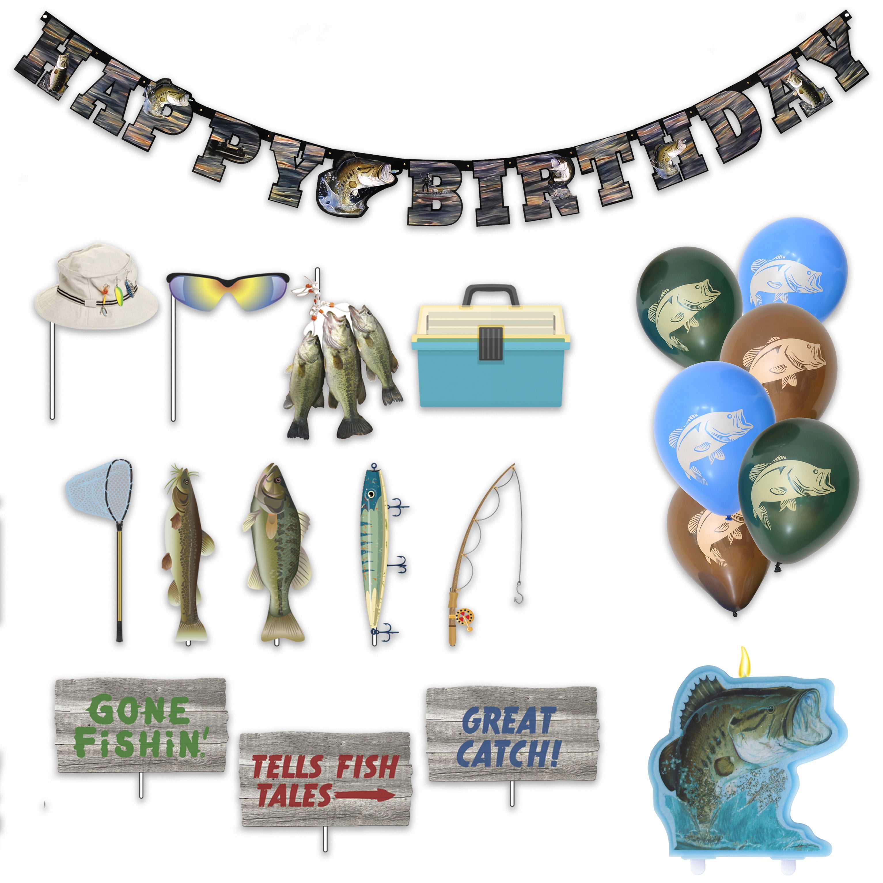 Havercamp Fishing Birthday Party Decorations! Includes: 1 7ft. “Happy  Birthday” Banner, 6 Bass Latex Balloons, 12 Fun Photo Props, & 1 Cake  Topper