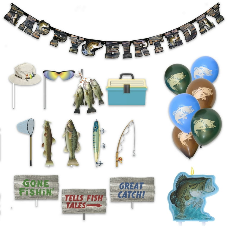 Havercamp Fishing Birthday Party Decorations! Includes: 1 7ft. “Happy  Birthday” Banner, 6 Bass Latex Balloons, 12 Fun Photo Props, & 1 Cake  Topper Candle 