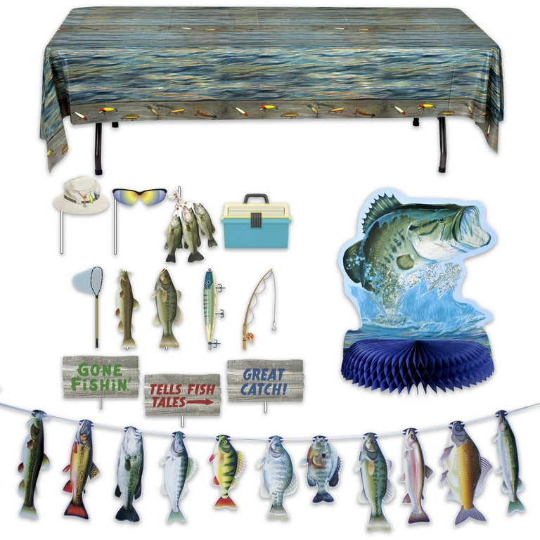 Havercamp Fishing Party Decorations Kit! Includes:1 Lg. Bass Centerpiece, 1  String of Fish Banner, 12 Fun Photo Props & Plastic Reusable Tablecover.  Catch of the Day! - Walmart.com