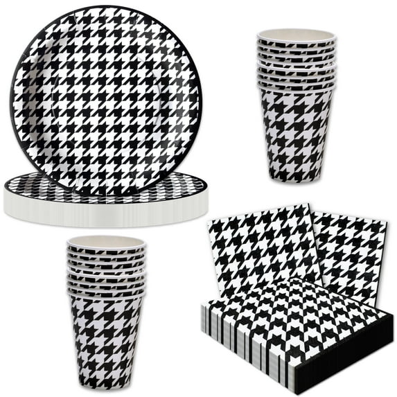Havercamp Houndstooth Deluxe Party Pack for 16 guests; includes 16 each 9” Dinner Plates, Luncheon Napkins and 12 oz. Cups; 1 Large Tablecover and 1 Mylar Balloon and 24 Football-shaped cupcake/food