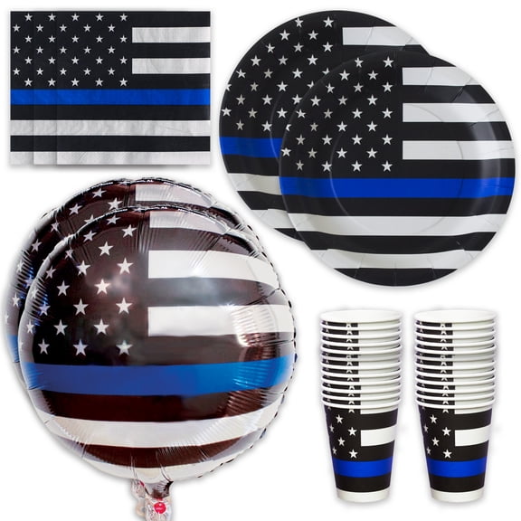 Havercamp Police-Thin Blue Line Party for 16 Guests; Includes 16 ea. Large 9" Diameter Paper Plates, Napkins and Cups and a 2 Big Balloons in The Official Thin Blue Line Flag Pattern