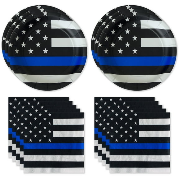 Havercamp Police-Thin Blue Line Party for 16 Guests; Includes 16 ea. 7" Paper Plates and Napkins in The Official Thin Blue Line Flag Pattern