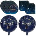 thumbnail image 1 of Havercamp Sweet 16th Birthday Party Pack for 16 Guests; Plates, Napkins and 2 Balloons with Deluxe Foil Printing. Stars, Moons and Gold Bling Starry Night Design on Dark Blue Ombre Sky., 1 of 6