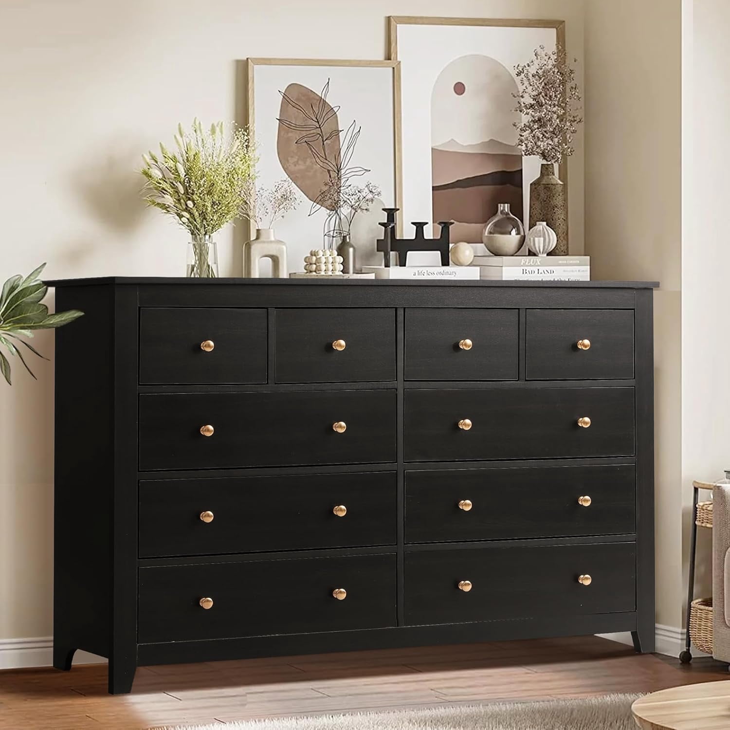 Haverchair 10 Drawer Dresser for Bedroom,Wood Chest of Drawers with Smooth Metal Rail,Large Dressers,Modern Bedroom Dressers with 10 Drawers Cabinet TV Stand (Black)