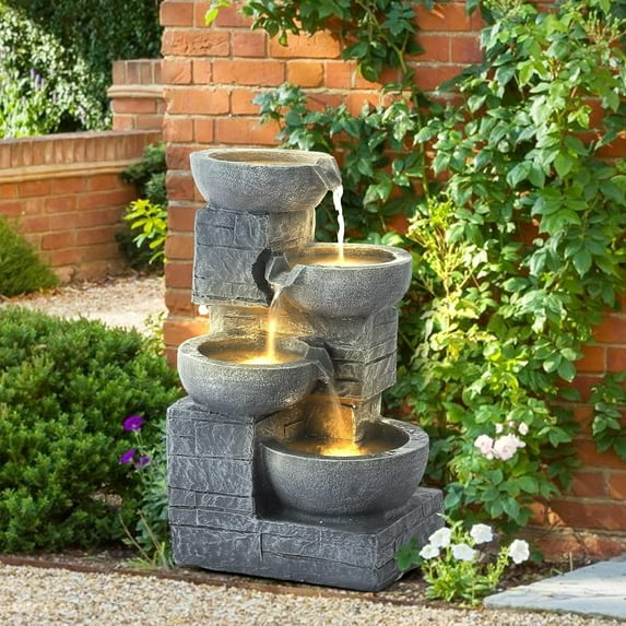 Haverchair 21.9" Outdoor Water Fountain with LED Lights, 4-Tier Bowl and Stacked Stones Garden Fountain, Modern Cascading Waterfall Fountains for Garden, Patio, Backyard, Porch and Home Decor