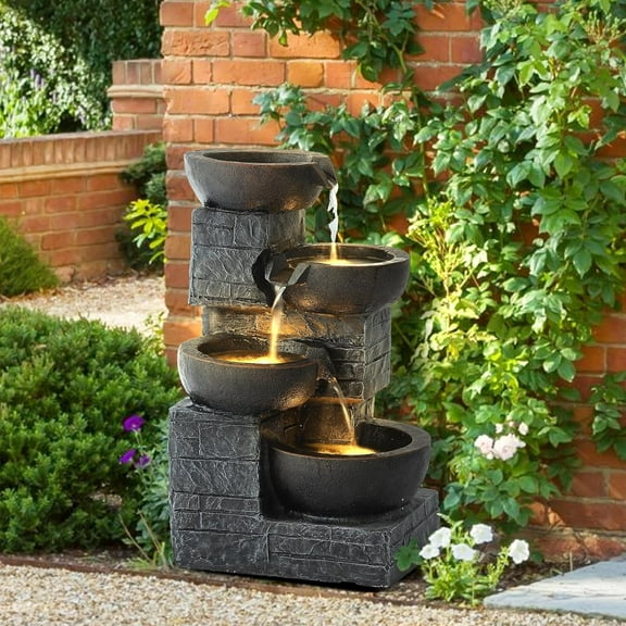 Haverchair 21.9" Outdoor Water Fountain with LED Lights, 4-Tier Bowl and Stacked Stones Garden Fountain, Modern Cascading Waterfall Fountains for Garden, Patio, Backyard, Porch and Home Decor