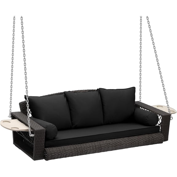 Haverchair 3 Person Porch Swing Patio Wicker Hanging Porch Swing Chair Outdoor Rattan Swing Bench with Cushion and Pillow for Garden, Yard, Lawn, Brown Rattan Black Cushion