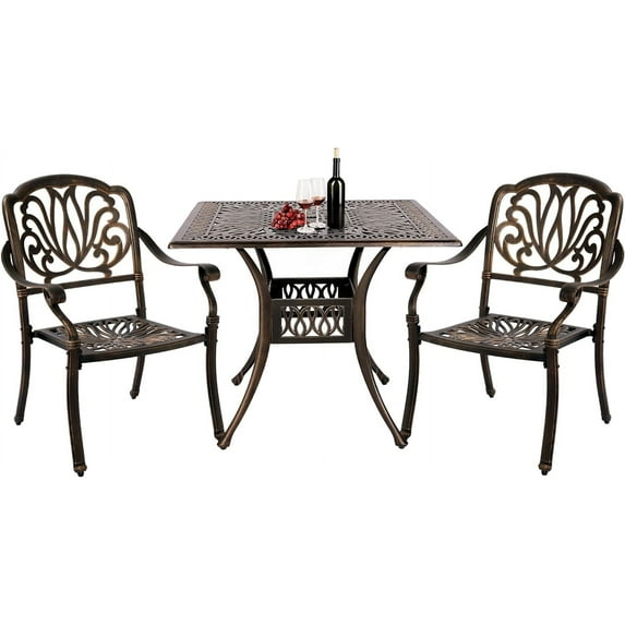 Haverchair 3 Piece Bistro Set Outdoor Cast Aluminum Patio Dining Set Table and Chairs Outside Bistro Furniture 2 Chairs and 1 Square Table for Lawn Garden